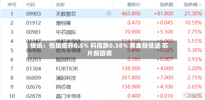 快讯：恒指低开0.5% 科指跌0.38% 黄金股低迷 芯片股回调-第2张图片