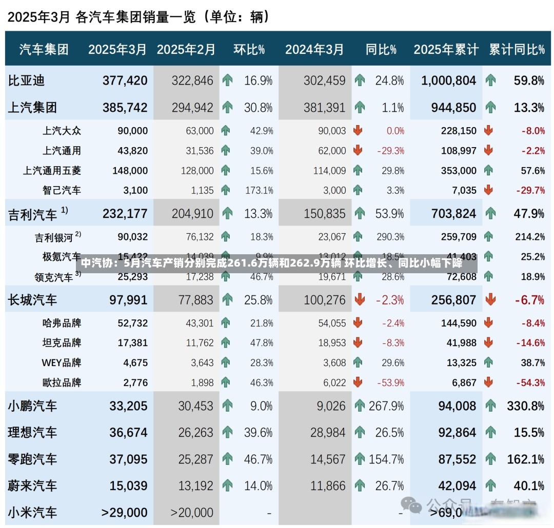 中汽协：5月汽车产销分别完成261.6万辆和262.9万辆 环比增长	、同比小幅下降-第2张图片