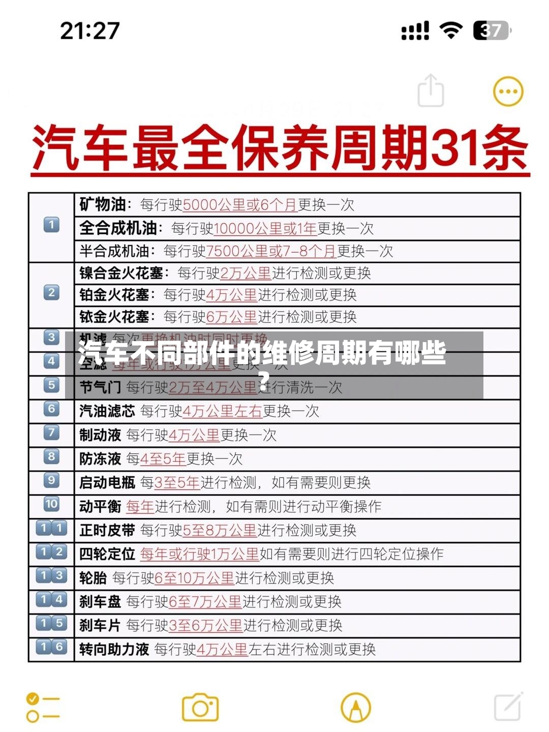 汽车不同部件的维修周期有哪些？