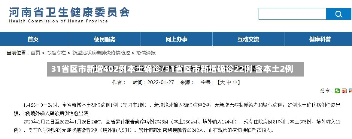 31省区市新增402例本土确诊/31省区市新增确诊22例 含本土2例